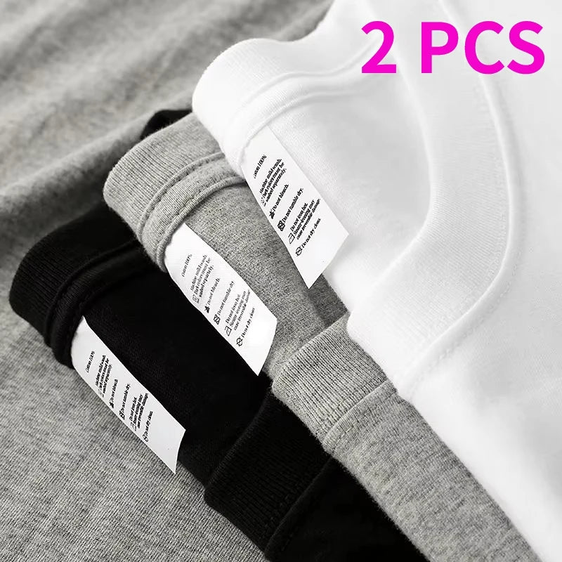 2pcs Solid Color T-shirt 100_ Cotton Men Women White O-Neck Loose Short-sleeved Basic Models All-match T-shirt Couple Tops Black