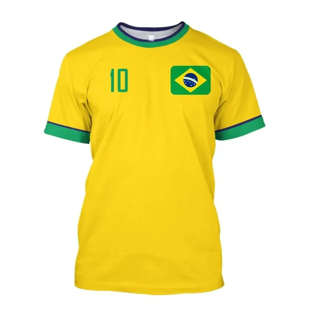 Brazil National Team #10 Soccer Jersey T-Shirt, Brazil Flag Print Football Tee, Quick Dry Breathable Top For Men Women Children