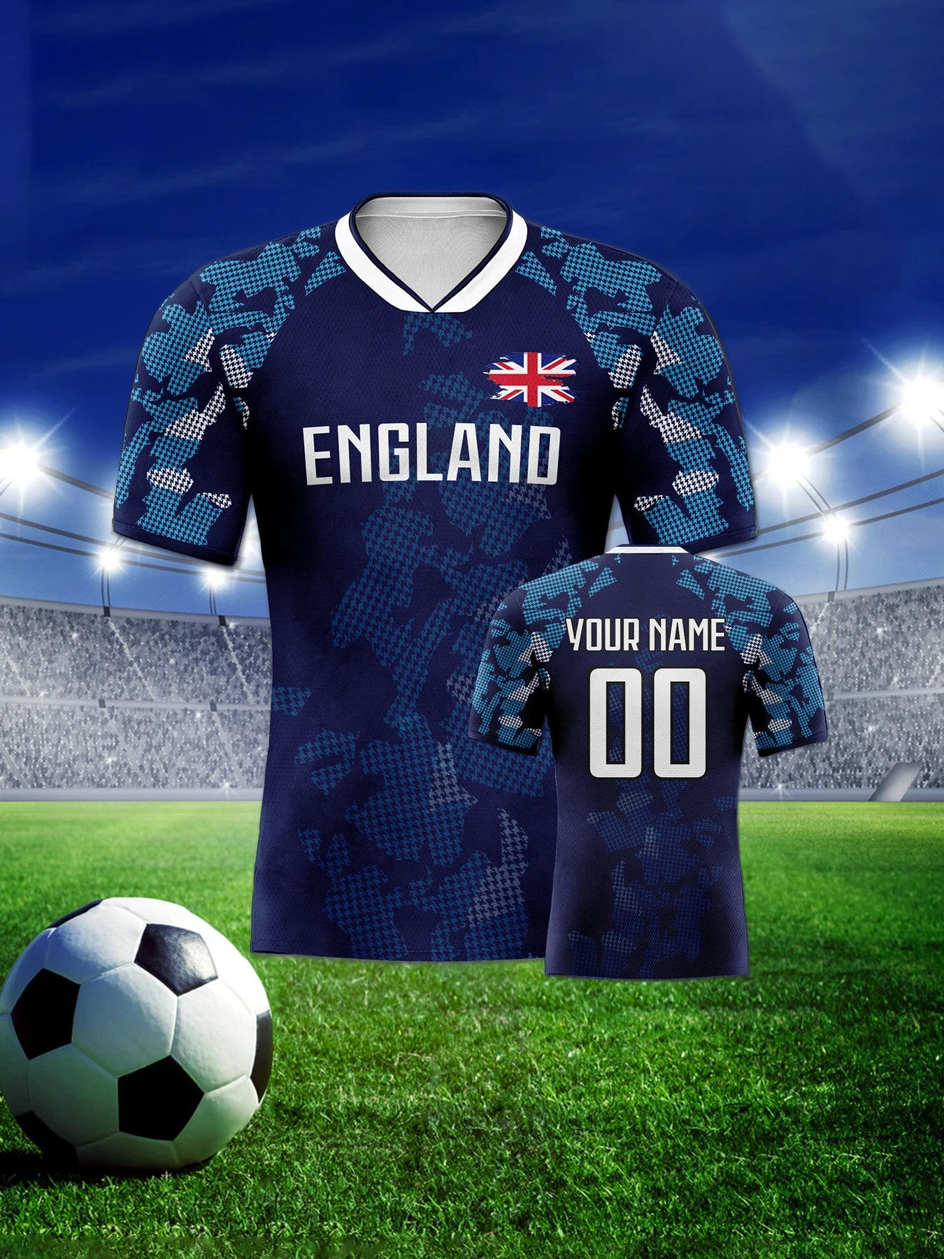 Custom England Soccer Jersey Personalized Name Number, National Team Football Shirt V-Neck Flag Design for Men Women Kids