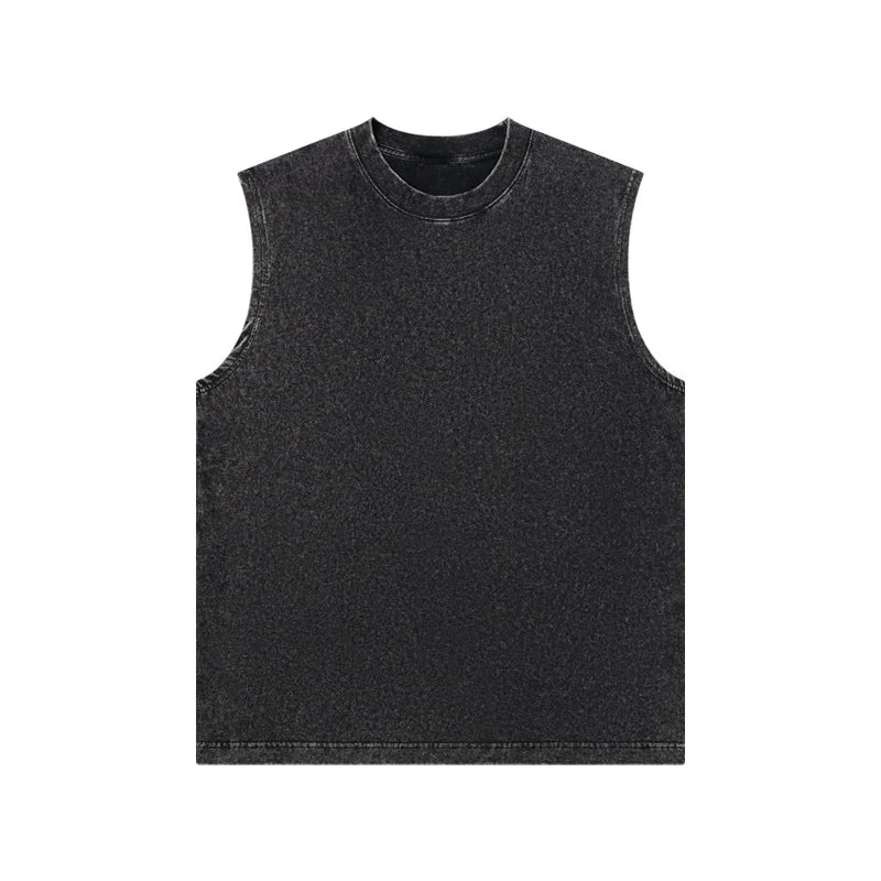 Men's 6 colors Casual Loose Shoulder T-shirt 230g Pure Cotton European and American High Retro Washed Distressed Sleeveless Vest