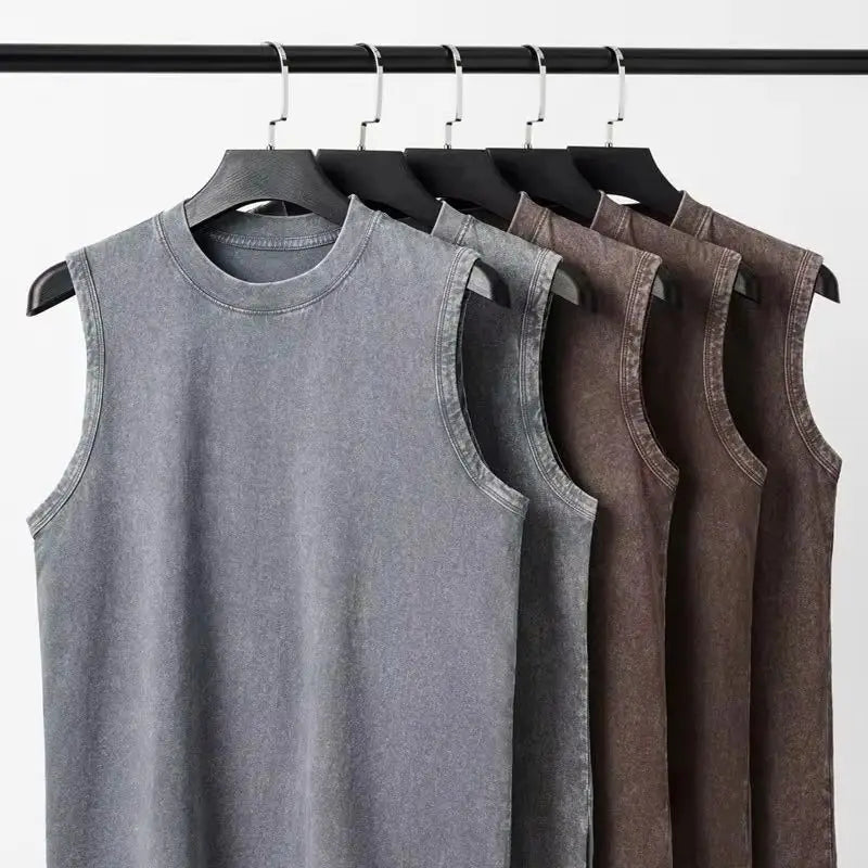 Men's 6 colors Casual Loose Shoulder T-shirt 230g Pure Cotton European and American High Retro Washed Distressed Sleeveless Vest