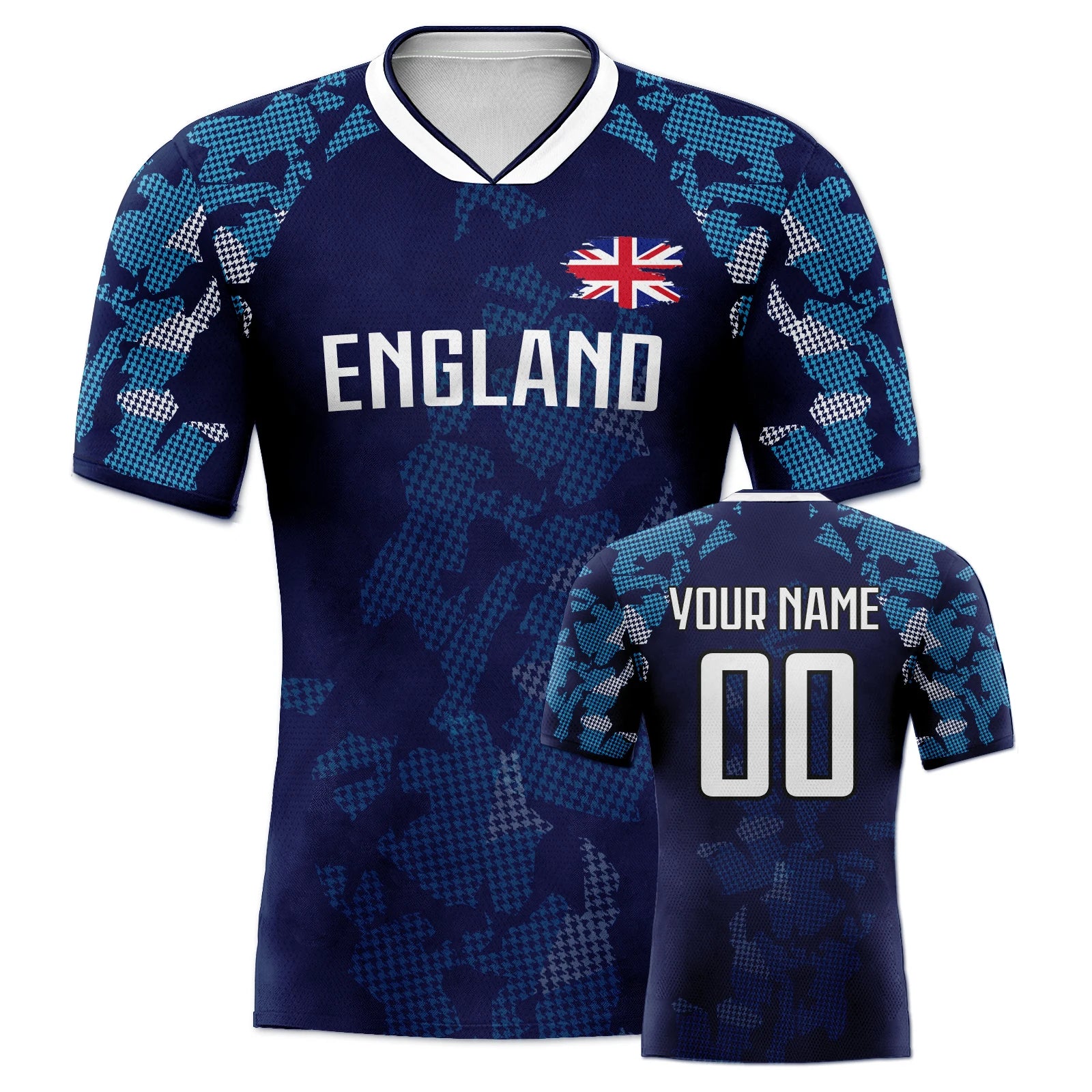 Custom England Soccer Jersey Personalized Name Number, National Team Football Shirt V-Neck Flag Design for Men Women Kids