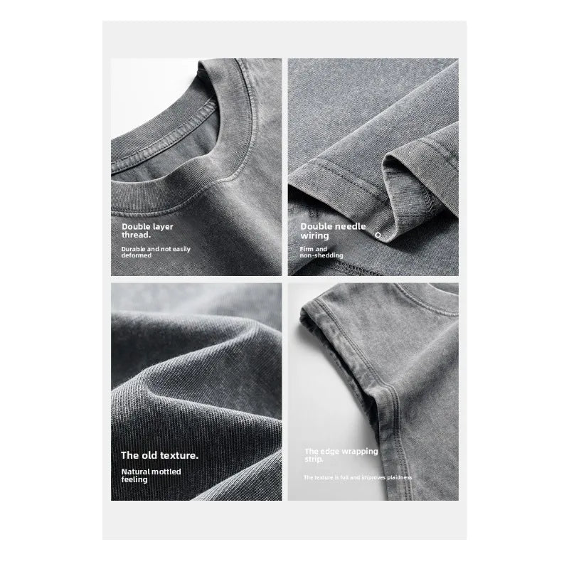Men's 6 colors Casual Loose Shoulder T-shirt 230g Pure Cotton European and American High Retro Washed Distressed Sleeveless Vest