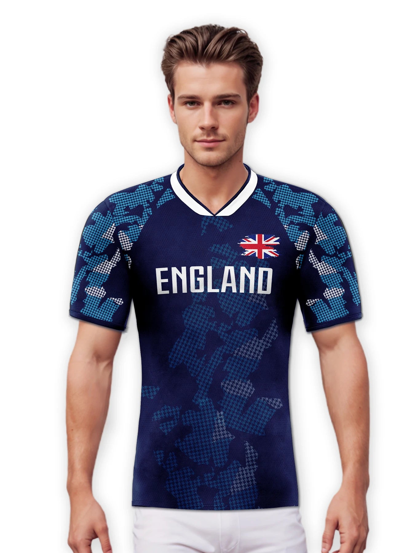 Custom England Soccer Jersey Personalized Name Number, National Team Football Shirt V-Neck Flag Design for Men Women Kids