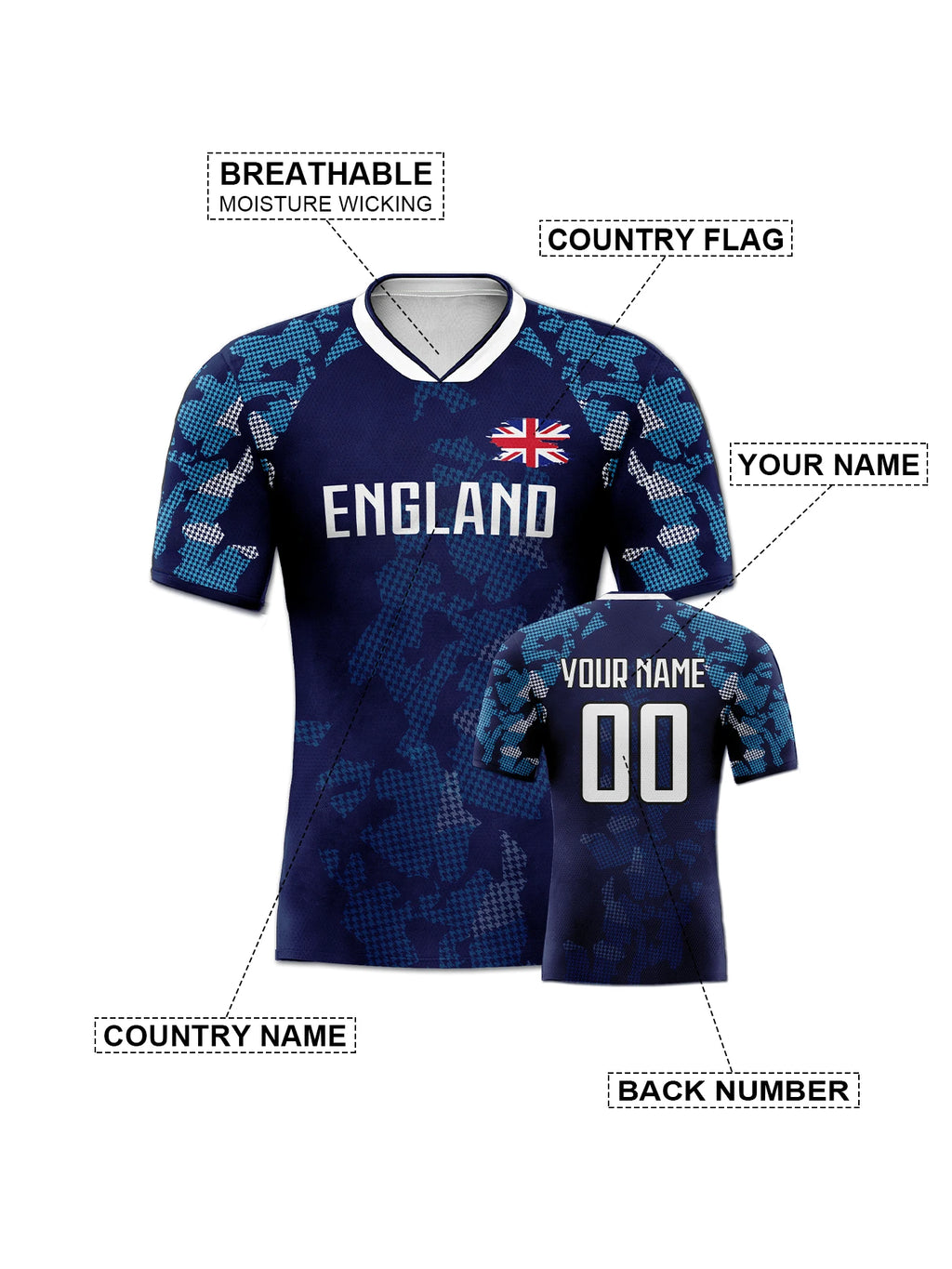 Custom England Soccer Jersey Personalized Name Number, National Team Football Shirt V-Neck Flag Design for Men Women Kids