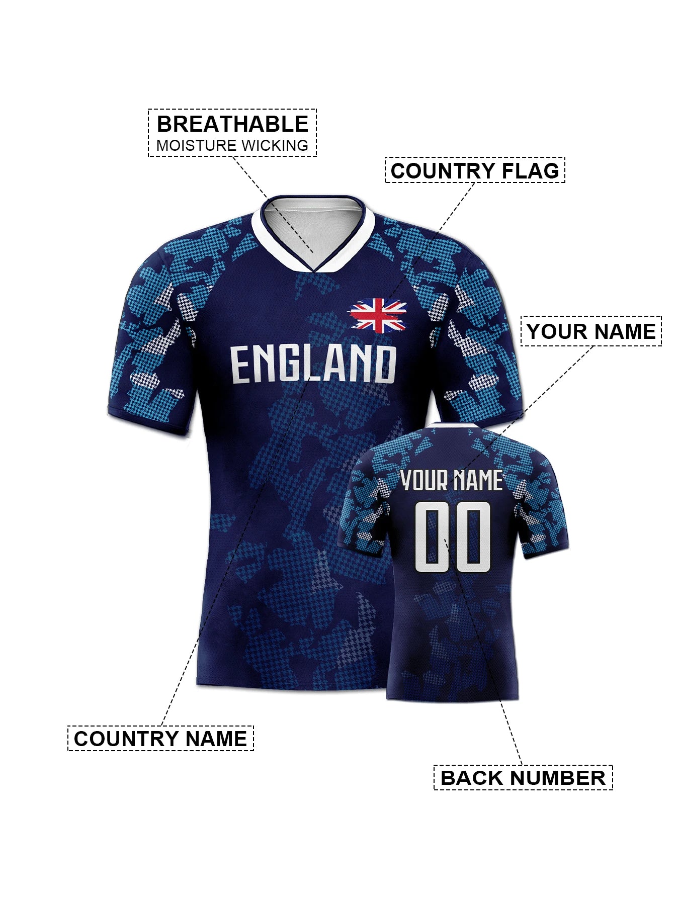Custom England Soccer Jersey Personalized Name Number, National Team Football Shirt V-Neck Flag Design for Men Women Kids